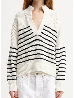 DENIMIST Striped Split Neck Sweater White Navy